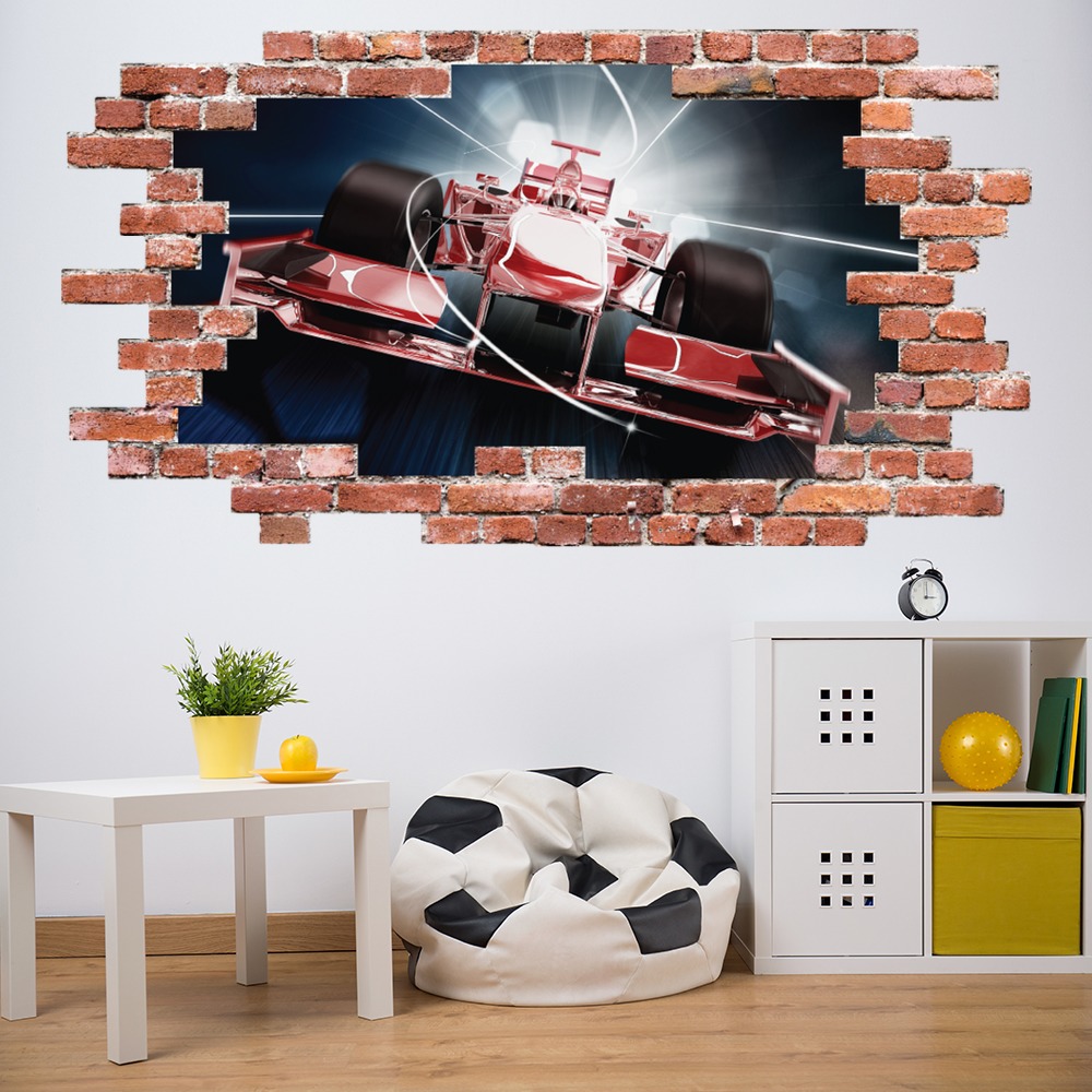 Red Race Car Racing Red Brick 3D Hole In The Wall Sticker | Icon Wall ...